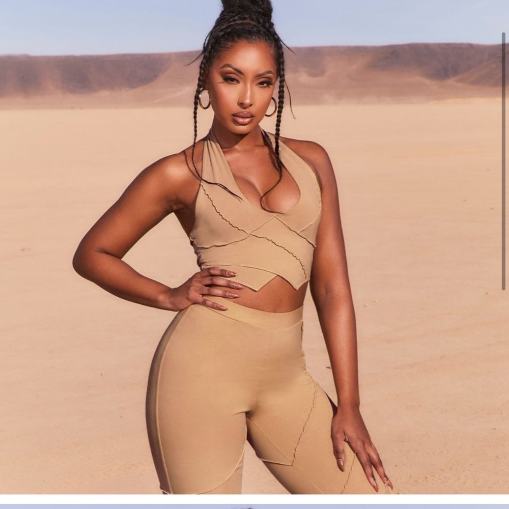 Taking Shape Exposed Seam Halter Neck Crop Top in Beige